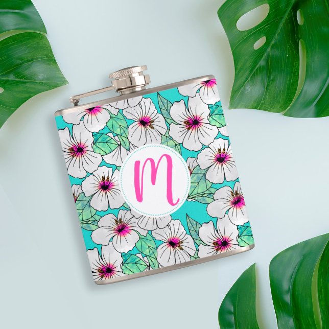 Pink & White Tropical Hibiscus Floral Pattern Hip Flask (Tropical Hibiscus Monogram Flask)
