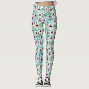 Pink & White Tropical Hibiscus Floral Pattern Leggings