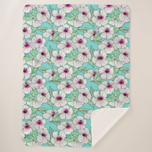 Pink & White Tropical Hibiscus Floral Pattern Sherpa Blanket