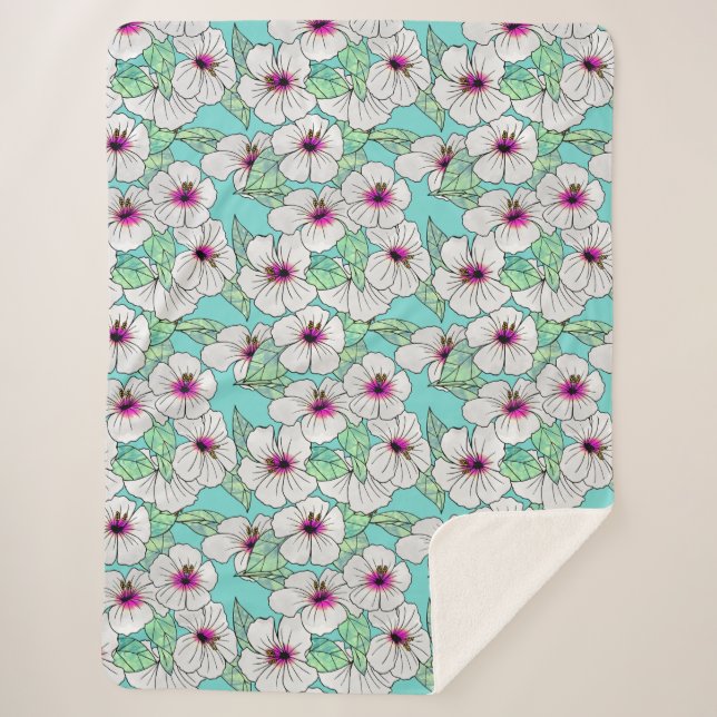 Pink & White Tropical Hibiscus Floral Pattern Sherpa Blanket (Front)