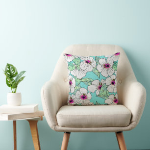 Pink & White Tropical Hibiscus Floral Pattern Throw Pillow