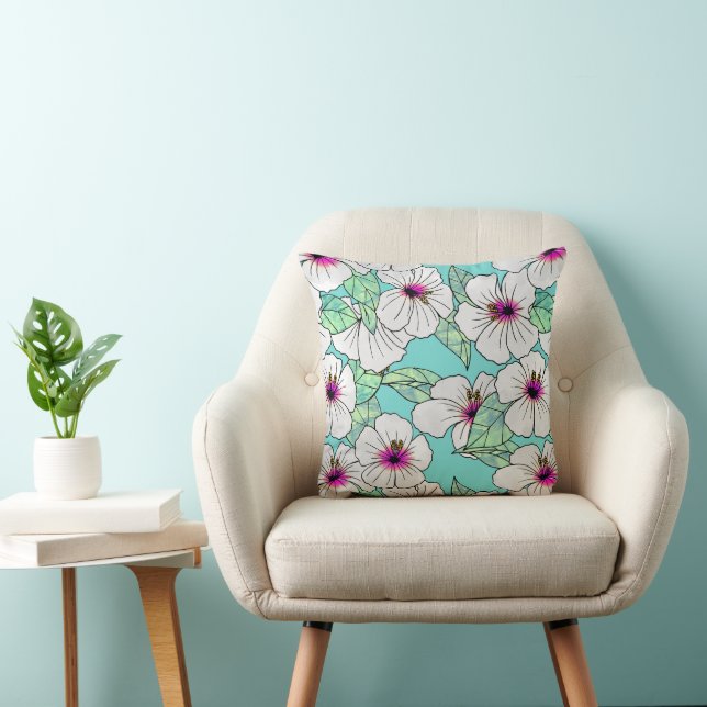 Pink & White Tropical Hibiscus Floral Pattern Throw Pillow (Chair)