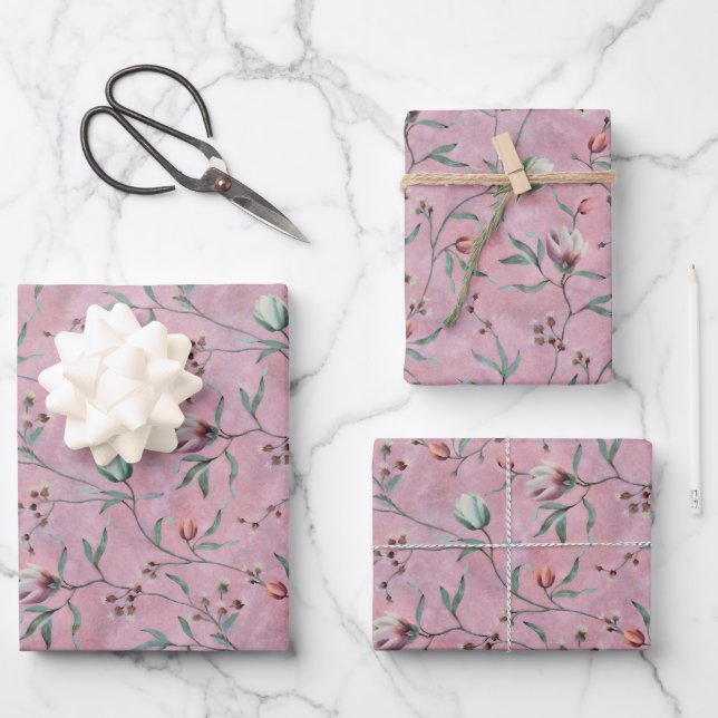 Pink & White Tulips Anemones Pattern Wrapping Paper Sheet (Front)