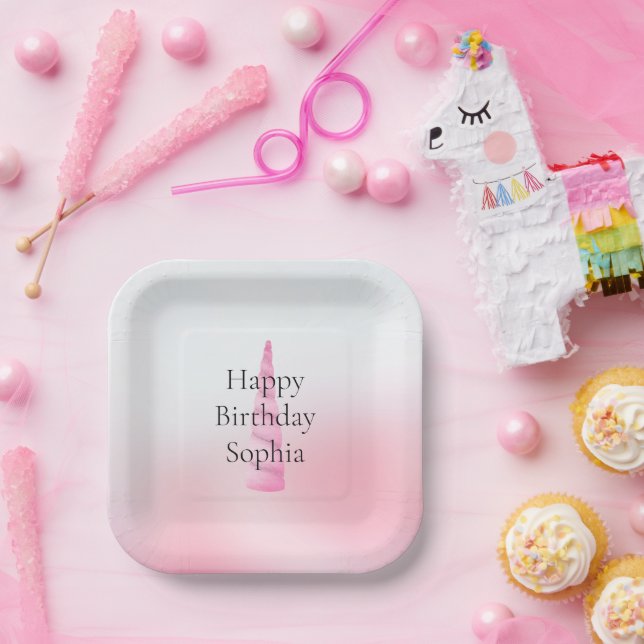 Pink White Unicorn Birthday  Paper Plate (Party)