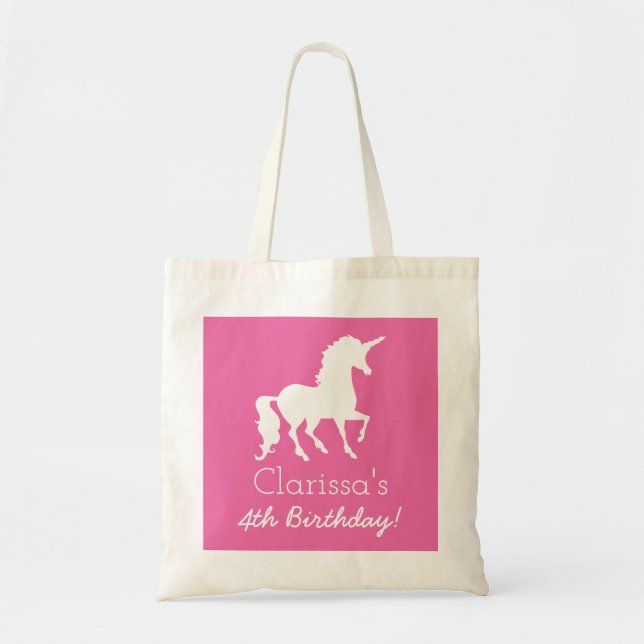 Pink White Unicorn Personalized Girls Birthday Tote Bag (Front)