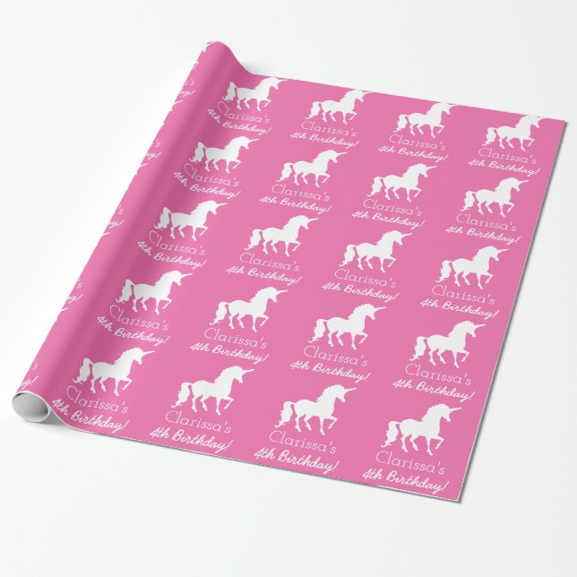 Pink White Unicorn Personalized Girls Birthday Wrapping Paper (Unrolled)