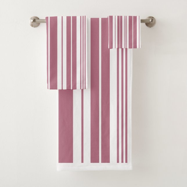 Pink White Vertical Stripes Pattern Bath Towel Set (Insitu)