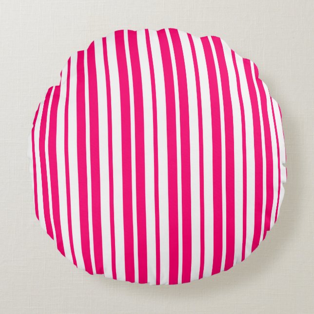 Pink White Vertical Stripes Pattern Design Round Pillow (Front)