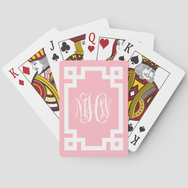 Pink White Vine Script Monogram Greek Key DIY BG Playing Cards (Back)