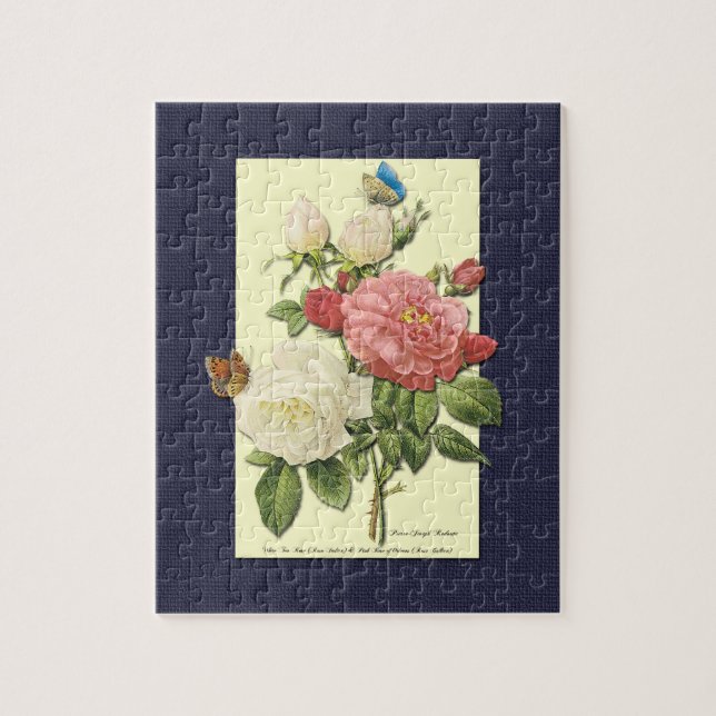 Pink White Vintage Botanical Roses Jigsaw Puzzle (Vertical)