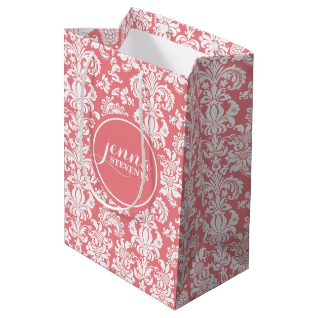 Pink & White Vintage Damasks Medium Gift Bag (Back Angled)