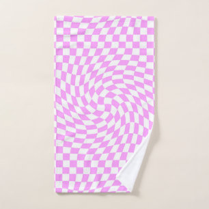 Pink & White Warped Chequered Chequered Pattern   Hand Towel