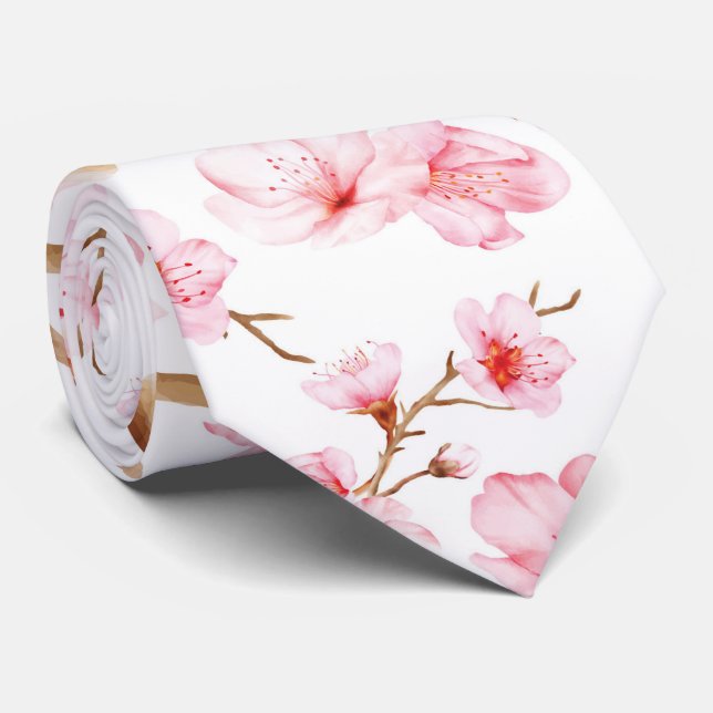 Pink White Watercolor Cherry Blossoms Tie (Rolled)
