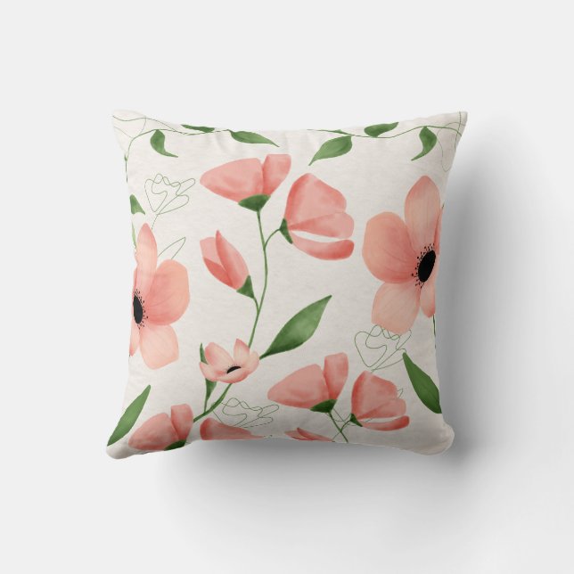 Pink White Watercolor Floral Square Pillow (Back)