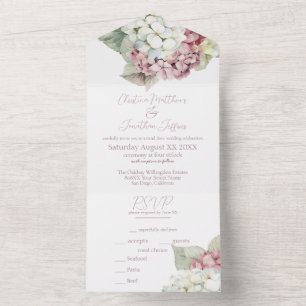 Pink & White Watercolor Hydrangea Flowers All In One Invitation