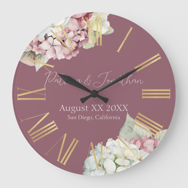 Pink & White Watercolor Hydrangea Flowers on Blush Large Clock (Front)