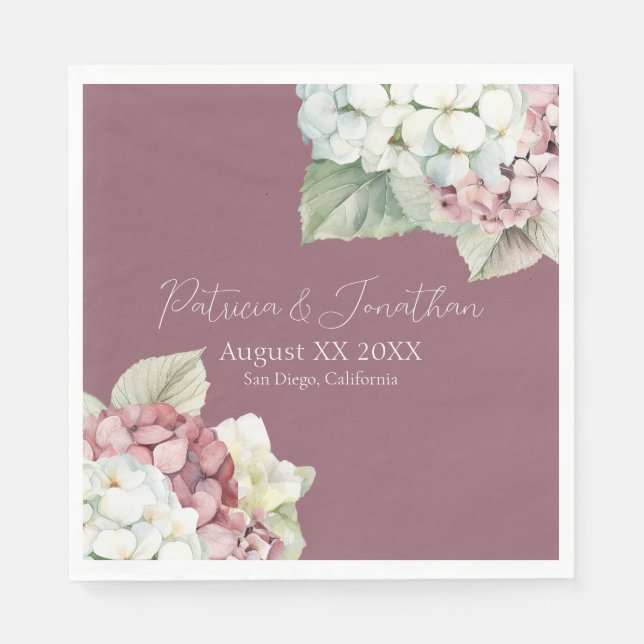 Pink & White Watercolor Hydrangea Flowers on Blush Napkin (Front)