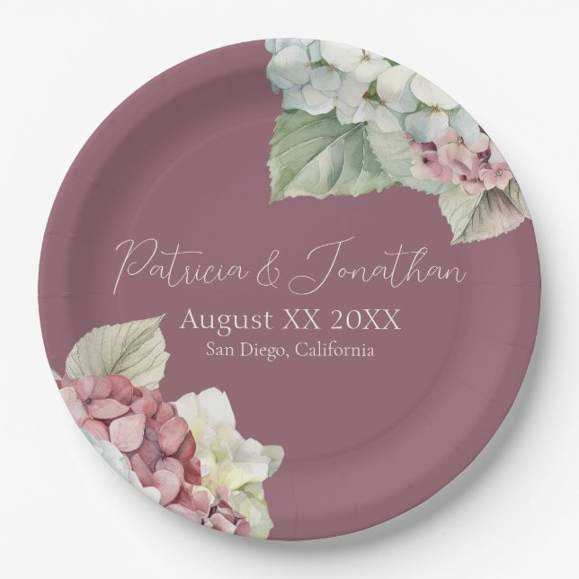 Pink & White Watercolor Hydrangea Flowers on Blush Paper Plate (Front)