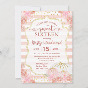 Pink & White Watercolor Pumpkin Fall Sweet 16  Invitation