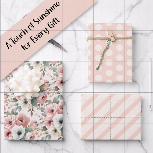  Pink White Watercolor Striped Polka Dots Wrapping Paper Sheet (Pink watercolor floral, pink and cream polka dots, and pink and cream-colored stripes gift wrap)