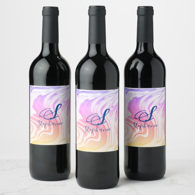 Pink White Wave Abstract Girly Monograms Cute  Wine Label (Bottles)