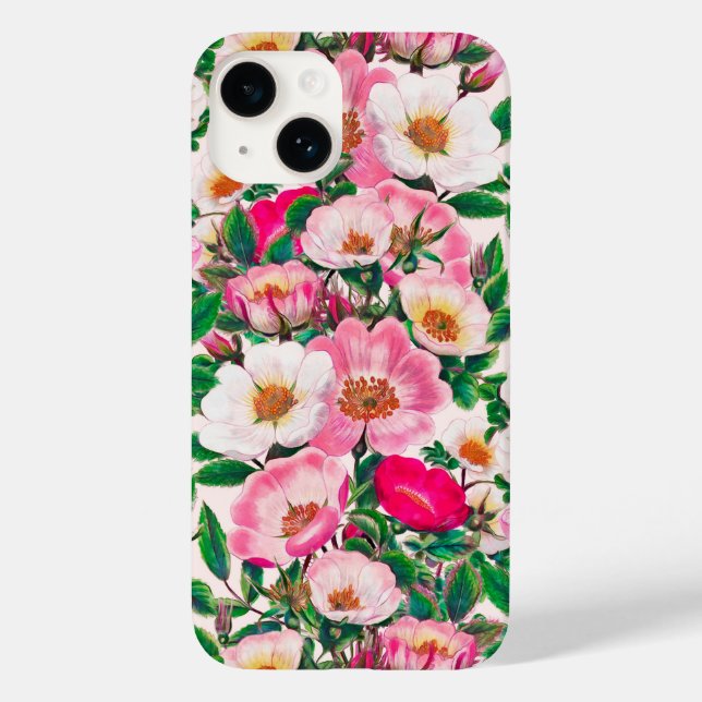 Pink & White Wild Rose Flowers Pattern Case-Mate iPhone Case (Back)