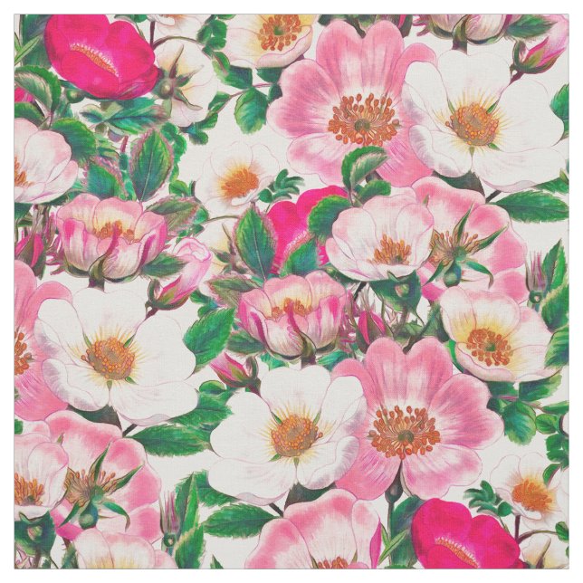 Pink & White Wild Rose Flowers Pattern Fabric (Swatch)