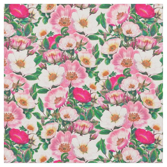 Pink & White Wild Rose Flowers Pattern Fabric (Close Up)
