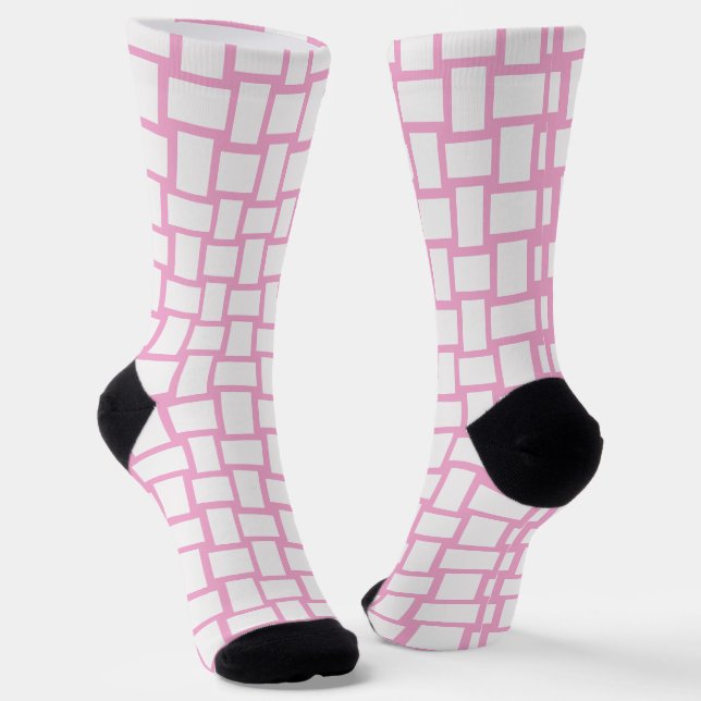 Pink White Woven Blocks Pattern Socks (Angled)