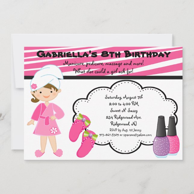 Pink & White Zebra Girls Spa Invite (Front)