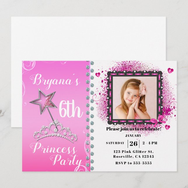 Pink & WhitePrincess Birthday Party Photo Invitation (Front/Back)
