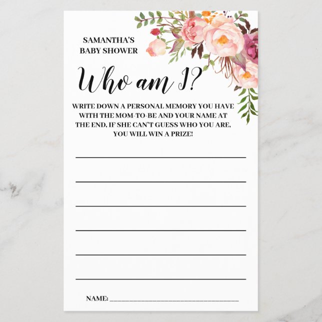 Pink Who am I Baby shower bilingual game card (Front)