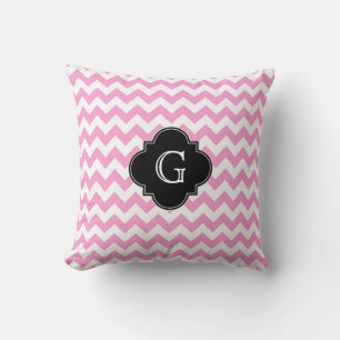 Pink Wht Chevron Zigzag Black Quatrefoil Monogram Throw Pillow
