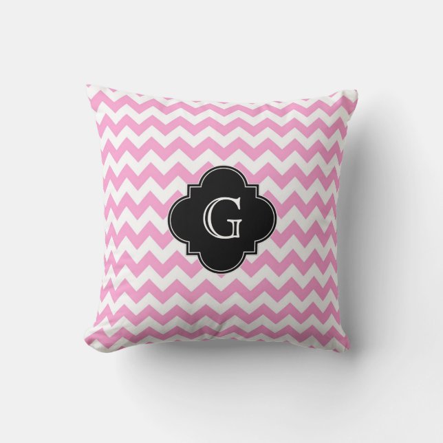 Pink Wht Chevron Zigzag Black Quatrefoil Monogram Throw Pillow (Front)