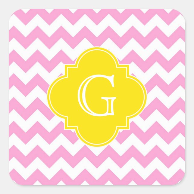 Pink Wht Chevron Zigzag Yellow Quatrefoil Monogram Square Sticker (Front)