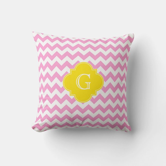 Pink Wht Chevron Zigzag Yellow Quatrefoil Monogram Throw Pillow (Front)