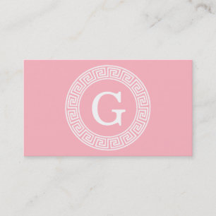 Pink Wht Greek Key Rnd Frame Initial Monogram Business Card