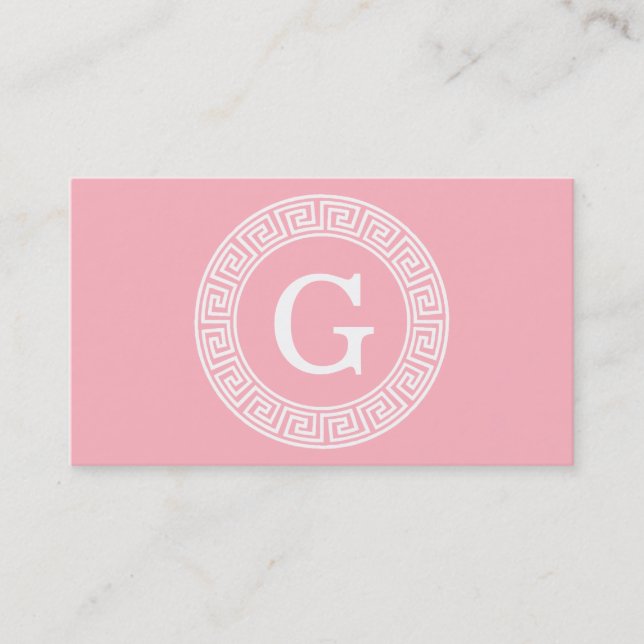 Pink Wht Greek Key Rnd Frame Initial Monogram Business Card (Front)