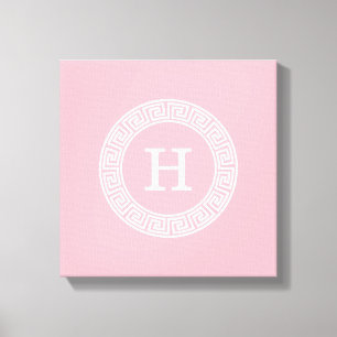 Pink Wht Greek Key Rnd Frame Initial Monogram Canvas Print