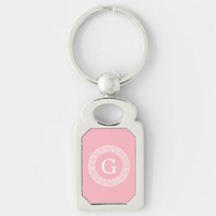 Pink Wht Greek Key Rnd Frame Initial Monogram Keychain