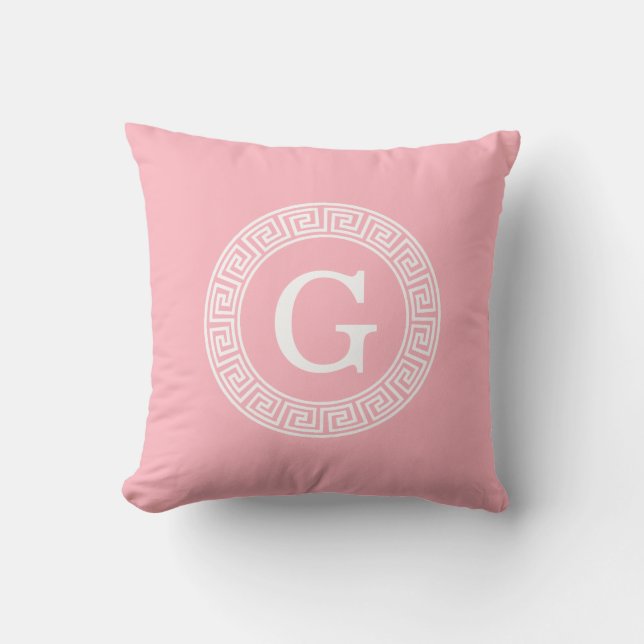 Pink Wht Greek Key Rnd Frame Initial Monogram Throw Pillow (Front)