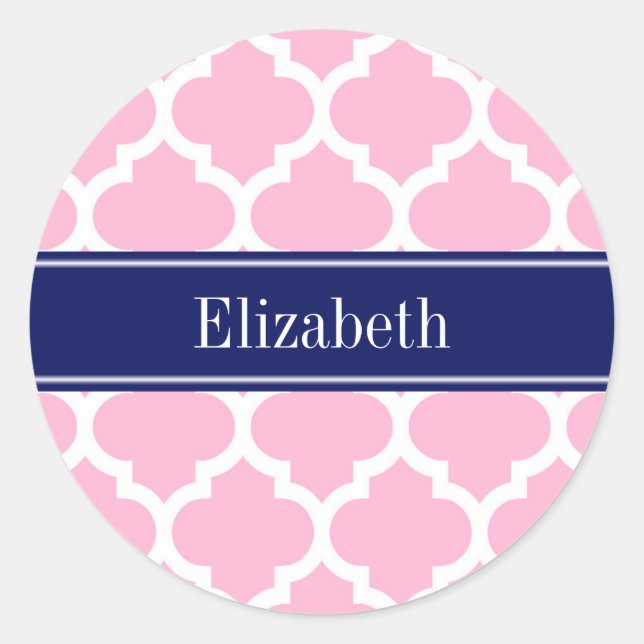 Pink Wht Moroccan #5 Navy Blue 5c Name Monogram Classic Round Sticker (Front)