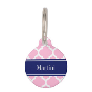 Pink Wht Moroccan #5 Navy Blue 5c Name Monogram Pet Tag