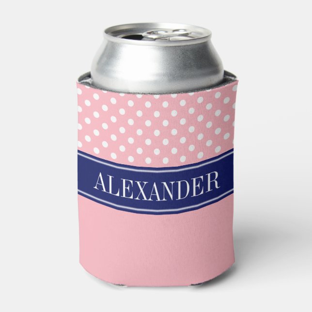 Pink Wht Polka Dot CB Navy Name Monogram Can Cooler (Can Front)