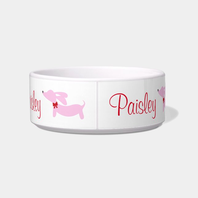Pink Wiener Dog Personalized Dog Food Water Bowl (Back)