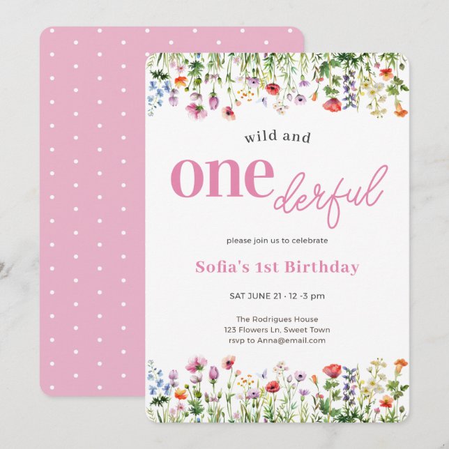 Pink Wild and Onederful Wildflower 1st Birthday Invitation (Front/Back)