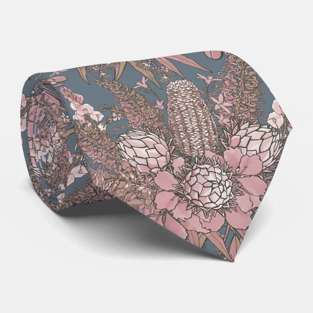 Pink Wild Bush Flower Bouquet Neck Tie (Rolled)