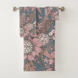 Pink Wild Bush Flower Bouquet Neck Tie Bath Towel Set
