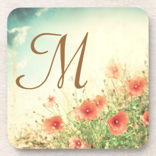 Pink Wild Flowers in Field Monogram Drink Coaster