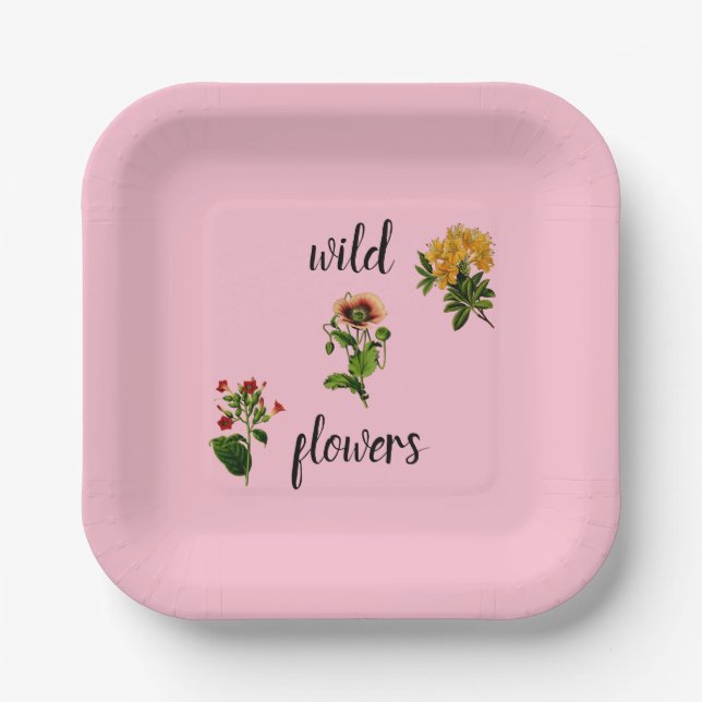 Pink Wild Flowers Vintage Botany Paper Plate (Front)